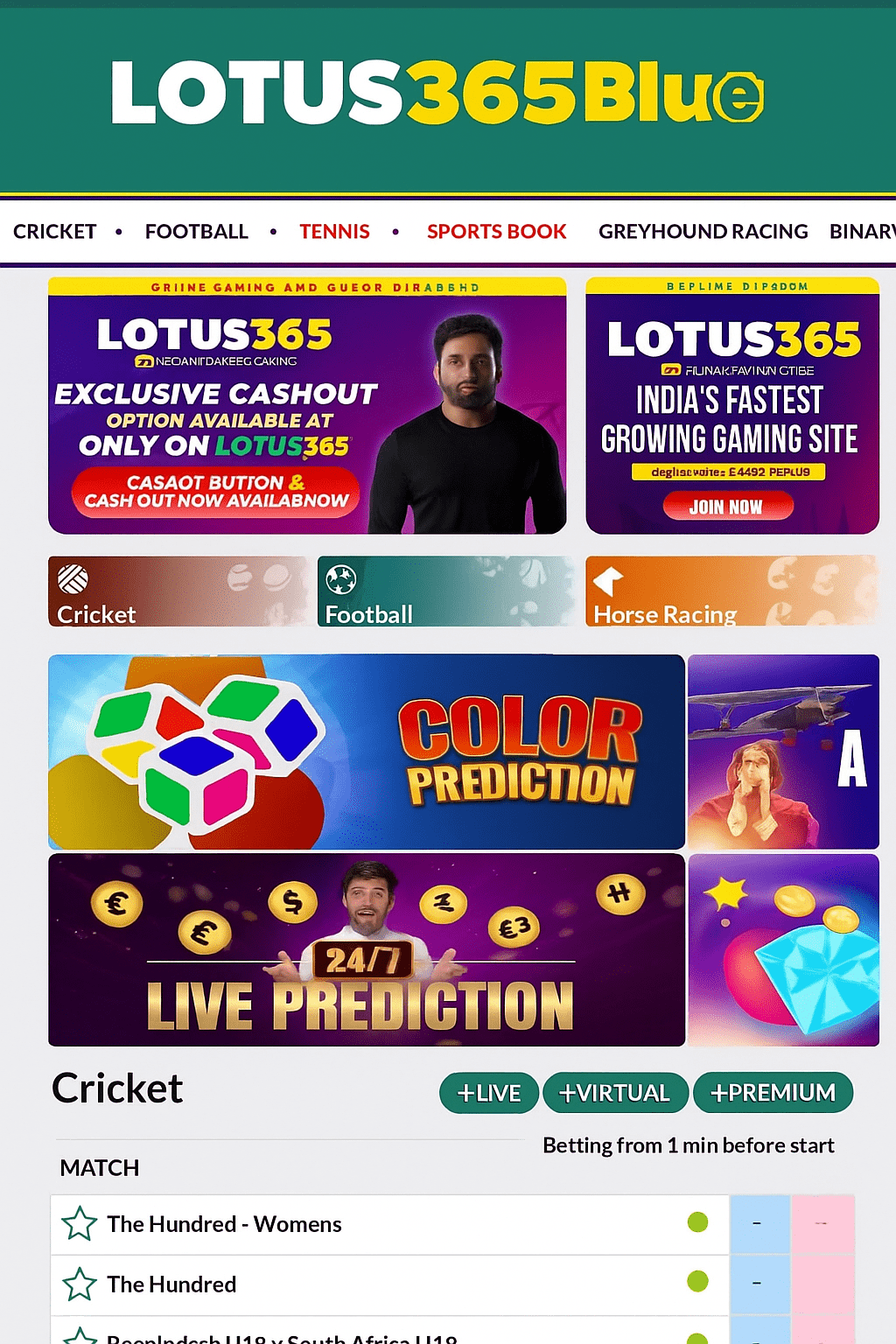 Lotus365 Blue online gaming dashboard — live sports and casino interface
