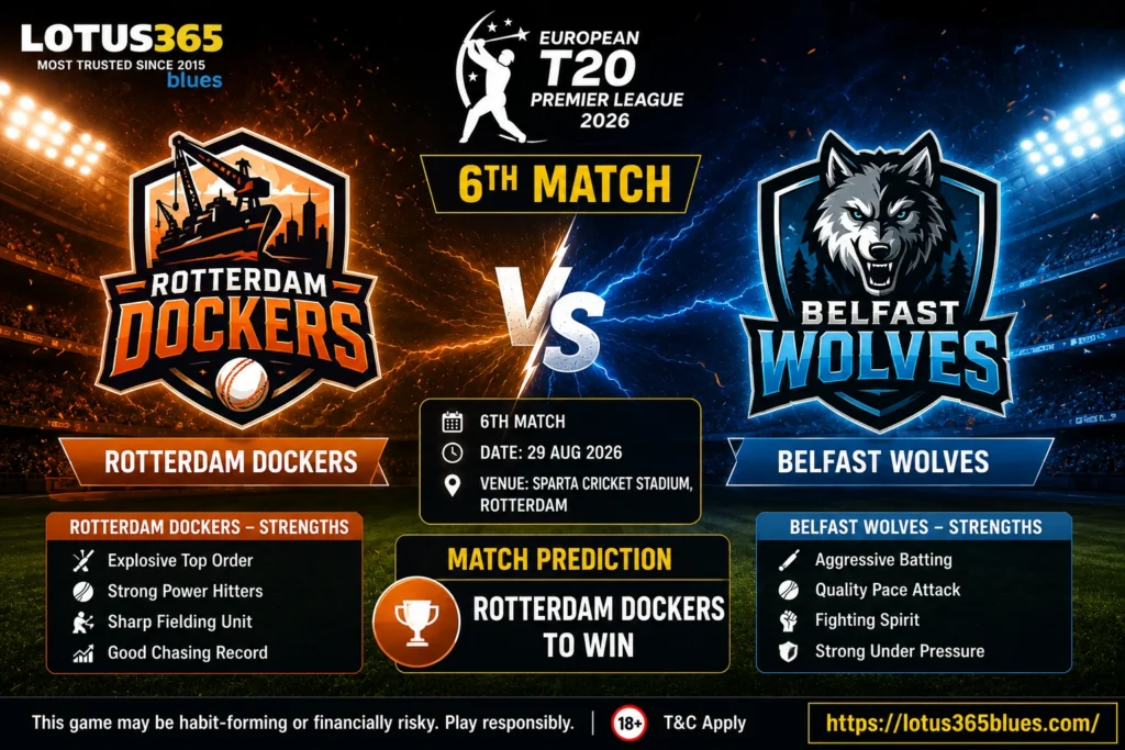 Rotterdam Dockers vs Belfast Wolves, 6th Match, European T20 Premier League 2026 Prediction | Lotus365 Blues Cricket